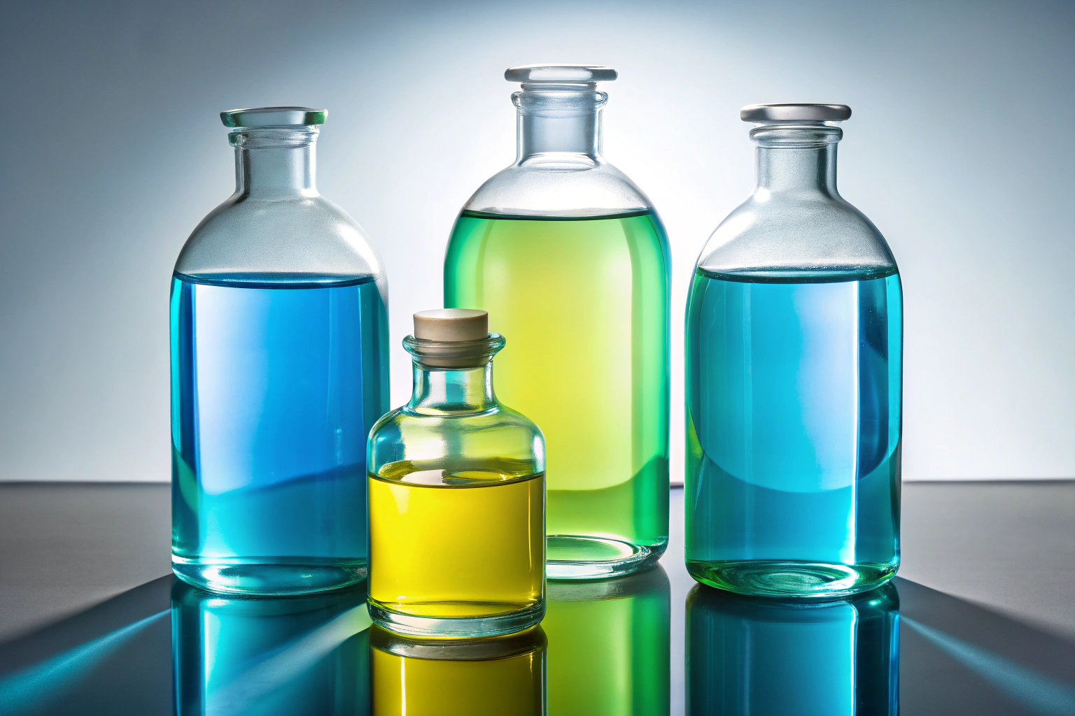 Abstract arrangement of several clear glass bottles with blue, green, and yellow liquids symbolizing different disinfectants, placed on a minimalist white background with subtle shadows