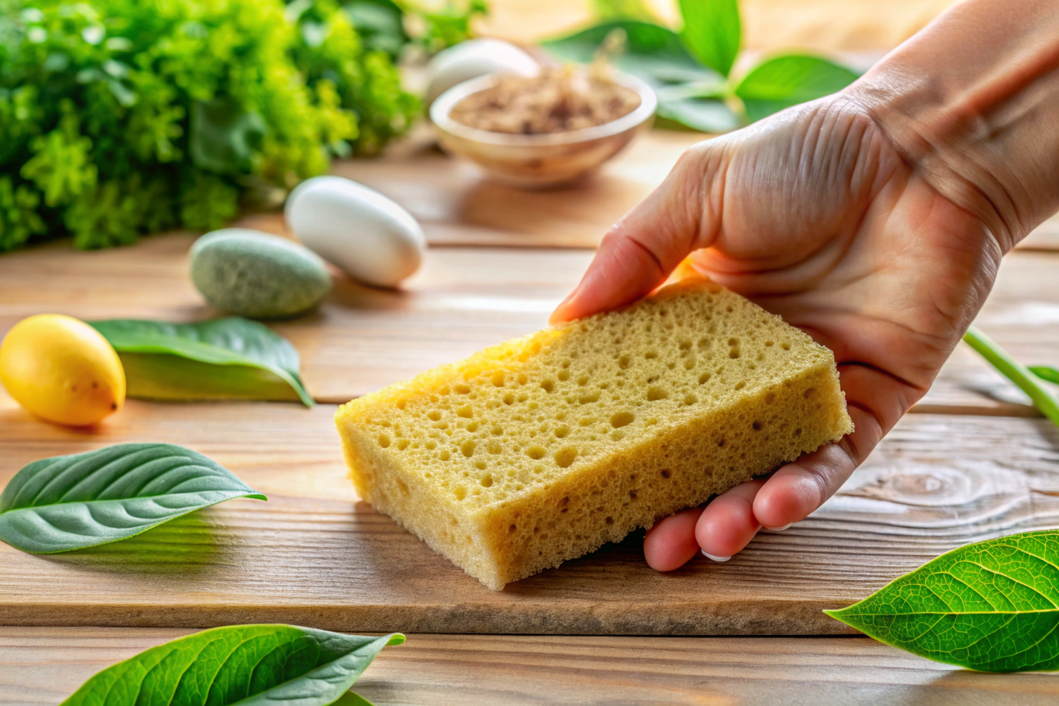 Eine Nahaufnahme einer Hand, die einen umweltfreundlichen Reinigungsschwamm über eine glänzende Oberfläche wischt, umgeben von natürlichen Materialien wie Holz und Stein, ohne erkennbare Markierungen